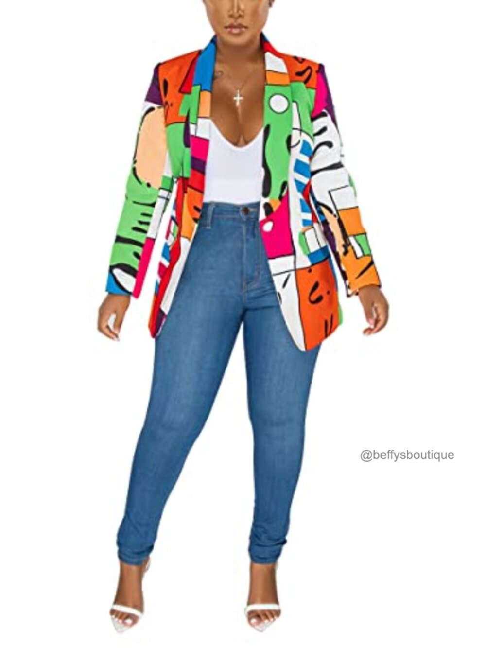 Polyester Spandex Graphic Print Blazer Button Open Front Long Sleeve Casual